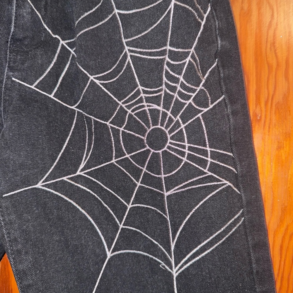Black Spider Web Design Wide Leg Jeans - Picture 3 of 5